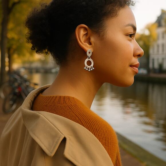 Sterling Silver 1.5 Inch Geometric Dangle Earrings Circle Drop Modern - Picture 10 of 10